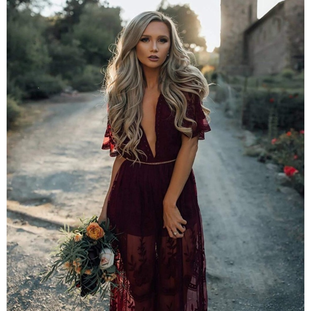 Deep V-Neck Lace Romper Short Sleeve Long Dress
